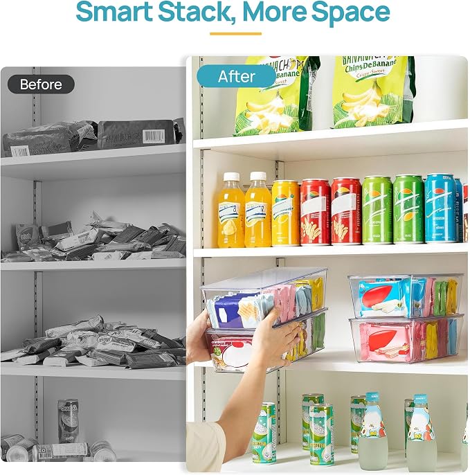 Vtopmart 4 Pack Pantry Organizer Bins with Lids, Removable Dividers | Clear Bins with Removable Dividers,Stackable Design for Pantry and Cabinet Organization of Tea Bags,Snacks & Spice Packets - Image 4