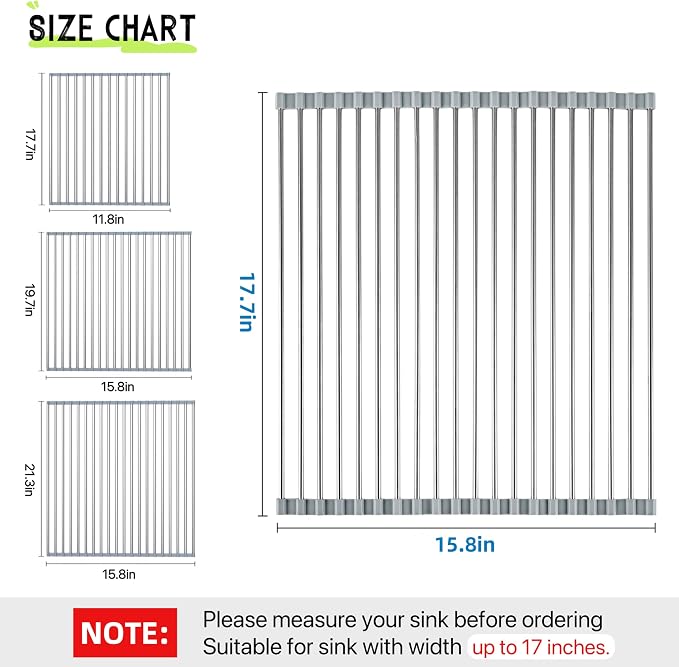 Roll Up Dish Drying Rack, 17.7" x 15.8" Over The Sink Dish Drying Rack, Dish Drying Rack for Kitchen Sink Counter Storage (Grey) - Image 2