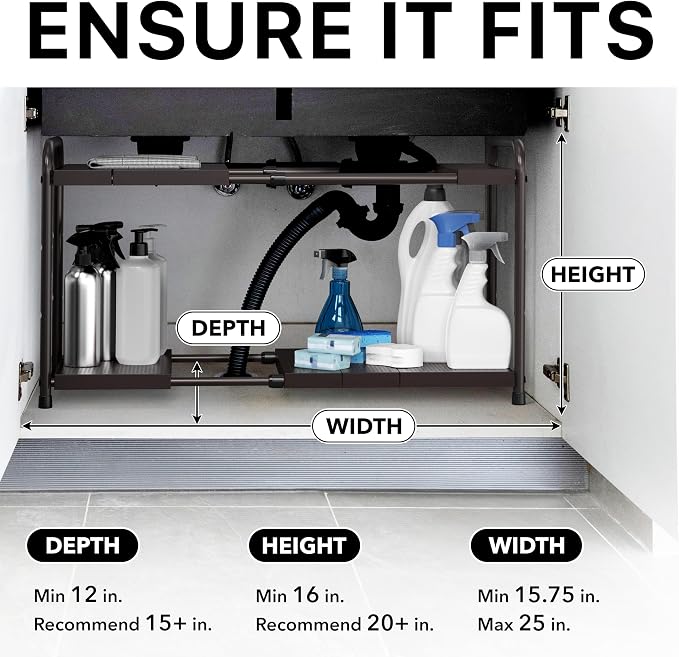 Simple Houseware Under Sink 2-Tier Heavy Duty Expandable Organizer, Bronze | Adjustable Width 15.75–25 Inches with 4 Shelf Height Levels - Image 3