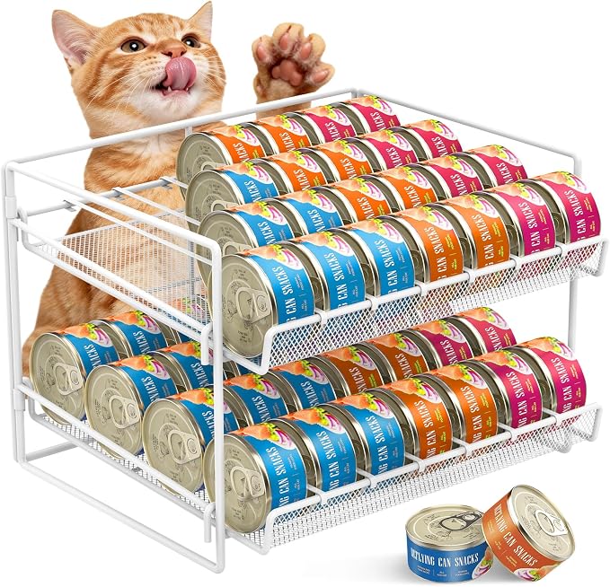 Cat Food Can Organizer 2-Tier Can Organizer for Pantry 56 Cans 3.5oz | White metal 2-tier cat food can organizer,Holds 56 cans 3.5oz,Adjustable pantry countertop storage for kitchen counter by REFLYING