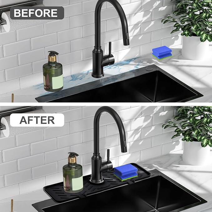 Silicone Faucet Mat for Kitchen Sink – Gen 2 Splash Guard with Upgraded Outlet & Slope – 18” x 5.1” Water Catcher & Sink Sponge Holder for Kitchen and Bathroom (Black) - Image 5