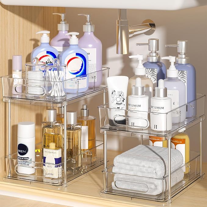 Delamu 2 Tier Under Sink Organizer Bathroom, Bathroom Cabinet Organizer with Snap-Lock Design and Hooks, Pull Out Storage with Movable Dividers, for Countertop, Kitchen and Pantry (Clear, 2 Pack) - Image 7