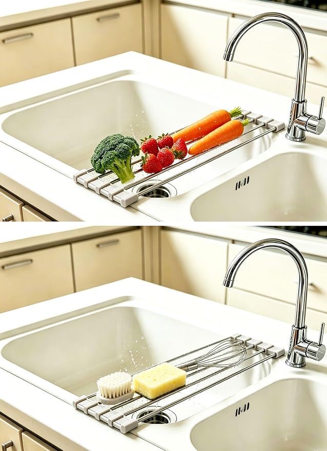 Ahyuan Roll up Dish Drying Rack Over The Sink Kitchen Roll up Sink Drying Rack Portable Dish Drainer Foldable Dish Drying Rack (Warm Gray, 17.8''X3.7'') - Image 4