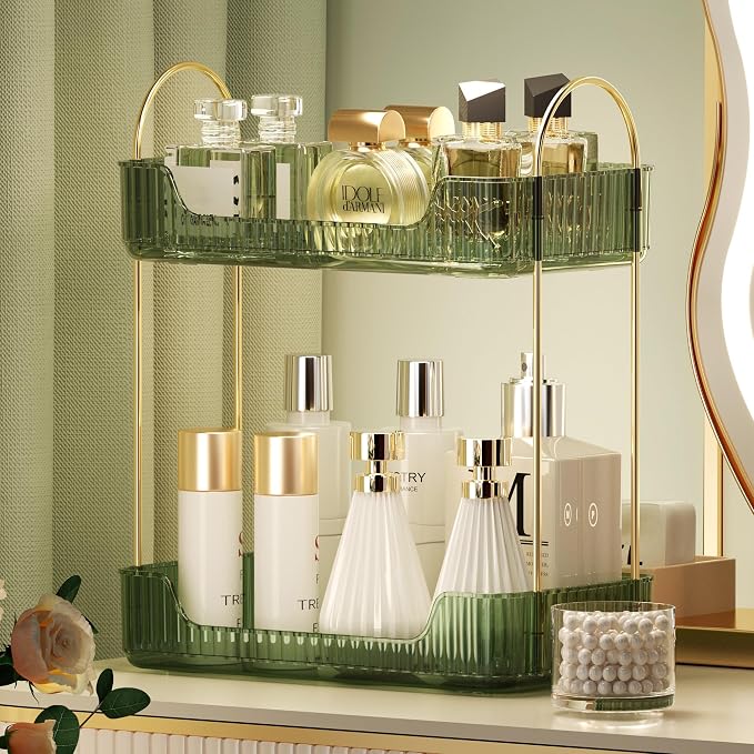 Akinbas 2 Tier Bathroom Organizer Countertop Makeup Perfume Tray Skincare Organizer for Bathroom Dresser Vanity (Green) - Image 7