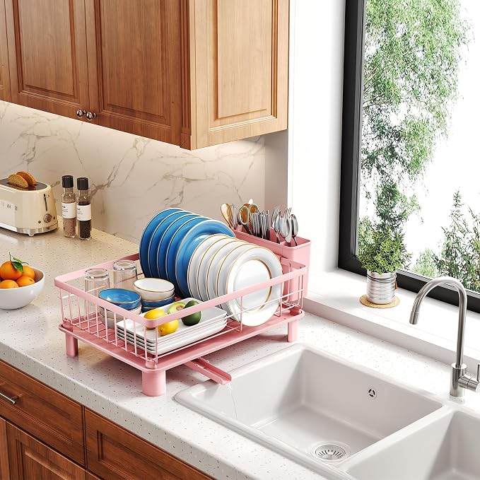 SNTD Dish Drying Rack for Small Kitchen Counter, 11" W x 15" L, Pink | Space Saving, Rotating Spout & Angled Drainboard for Quick Drainage, Stainless Steel, Removable Utensil Holder - Image 9