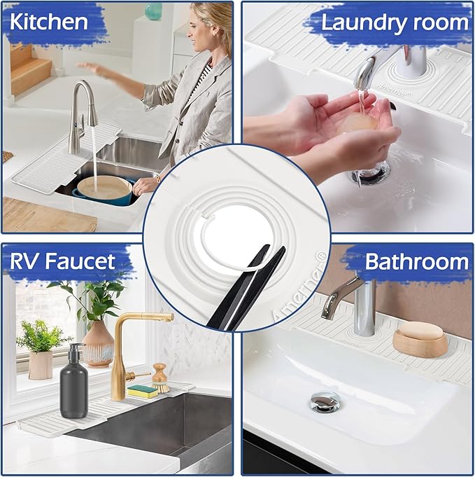 Kitchen Sink Splash Guard, 20IN Longer Silicone Faucet Guard & Draining Mat, Bathroom and Kitchen Sink Organizer, Sink Faucet Mat Water Splash Guard Behind Faucet Accessories Gadget, 20” x 5.5”, White - Image 7