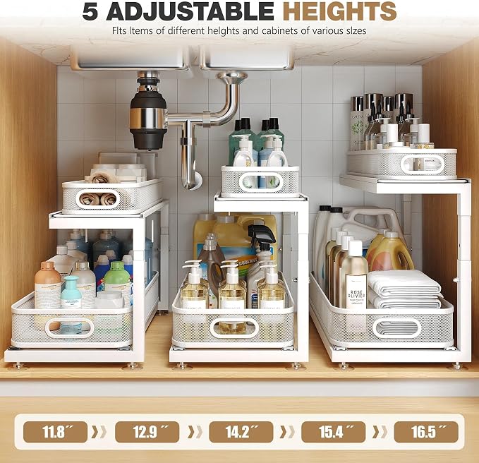 2-Pack 21.3 IN Depth Under Sink Organizer With Next-Gen Ball-Bearing Slides,Sophisticated Mesh 2-Tier Pull Out Shelf for Kitchen & Bathroom,Fits Small Items-White(Patented) - Image 9