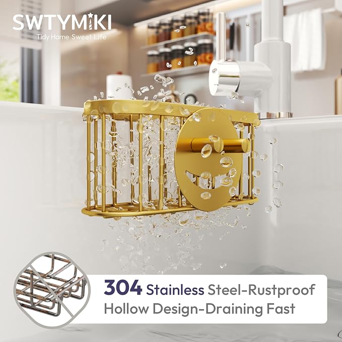 SWTYMIKI Sponge Holder for Kitchen Sink - Movable Sink Caddy with Smiley Face Sponge Holder, Rustproof Hanging Sponge Organizer in Double Bowl Sinks Depth>3.15in, Middle Divider<1.5in, Gold - Image 5