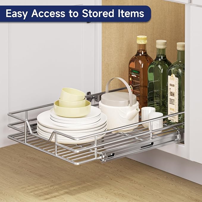 Pull Out Cabinet Organizer, 13.5" W x 21.5" D, Heavy Duty Chrome Slide Out Shelf for Base Cabinets, Sliding Wire Basket Drawer for Pantry Items, Bowls, Containers & Cleaning Supplies - Image 7