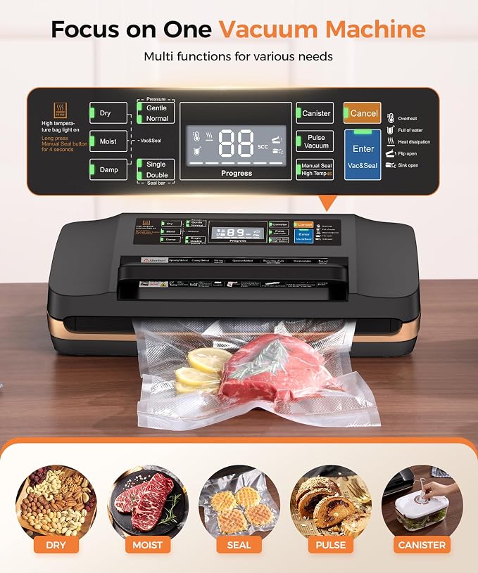 95KPa Powerful Commercial Vacuum Sealer Machine, 2X Strength Double Seal | 10-in-1 Dry/Moist Vacuum Sealer for Food, Built-in Cutter & Bags Storage, Easy-Lock Handle, Includes 1 Roll & 10 Bags, Black - Image 2