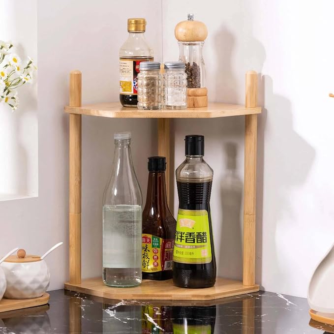 2-Tier Extra Tall Bamboo Corner Shelf, Kitchen Countertop Wine Bottle Organizer, Corner Counter Storage Rack for Pantry, Spice & Wine Organizers and Storage by WooFawn