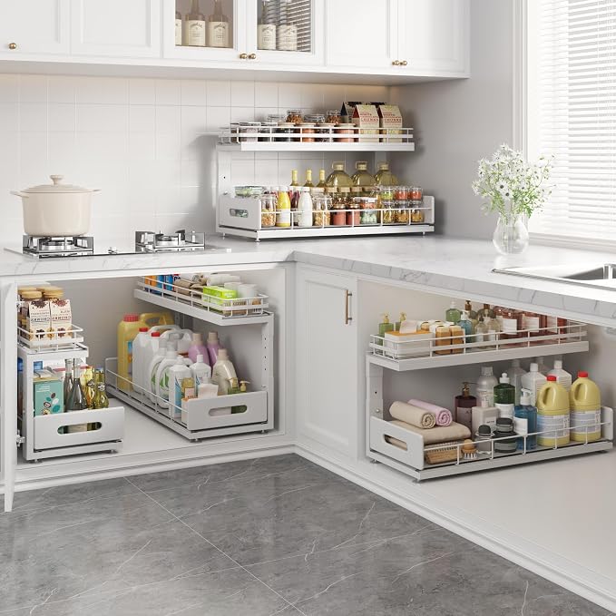 Under Sink Organizer Upgrade To Professional Rails,2-Tier Dual Pull Out Cabinet Storage,Height Adjustable Slide Out Drawers For Bathroom Kitchen,2 Pack-21"Dx12.8"-16.9"H,White - Image 7