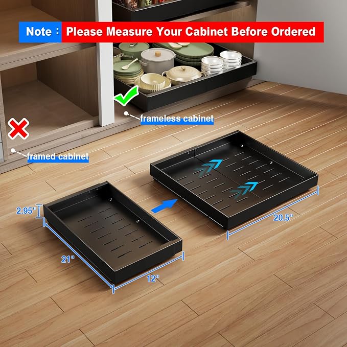 MUSTORN Expandable Pull Out Cabinet Organizer, 21"Deep Slide Out Drawer for Cabinets Adhesive Pull Out Drawers Heavy Duty Pull Out Shelves for Kitchen, Cupboard, Pantry, Bathroom(Black,1-Pack) - Image 2