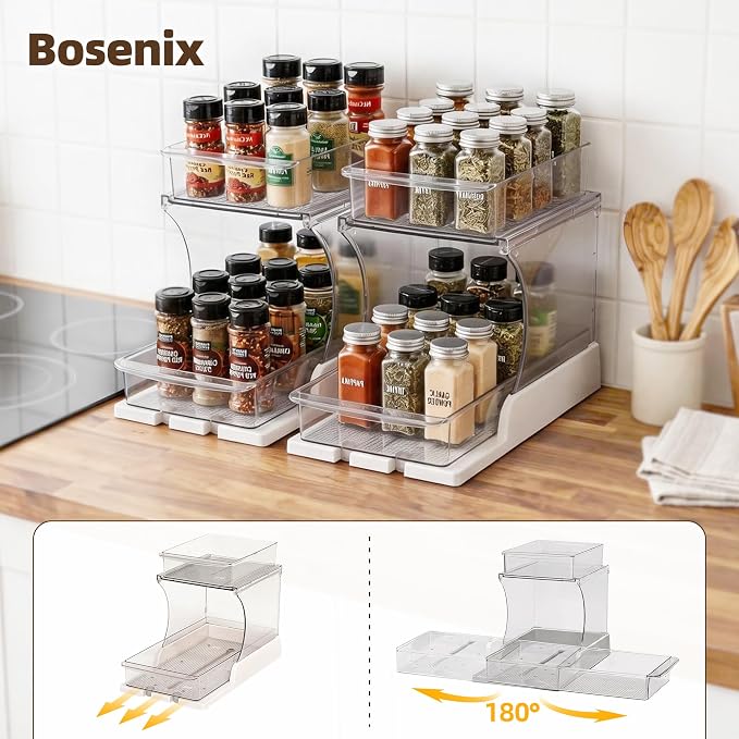 Spice Rack, Countertop Shelf Organizer, 2 Tier Kitchen Organizer | Pull Out 180° Rotating Bottom Shelf, Acrylic Spice Organizer for Cabinet, Pantry Storage, Coffee Station Organizer - Image 7