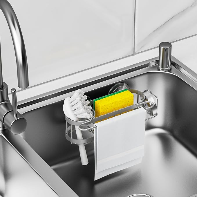 Cisily Kitchen Sink Caddy Sponge Holder in The Sink, Stainless Steel Kitchen Sink Organizer, Brush Holder, Dish Cloth Hanger, Sink Stopper Holder (Suction cup-Grey) - Image 6