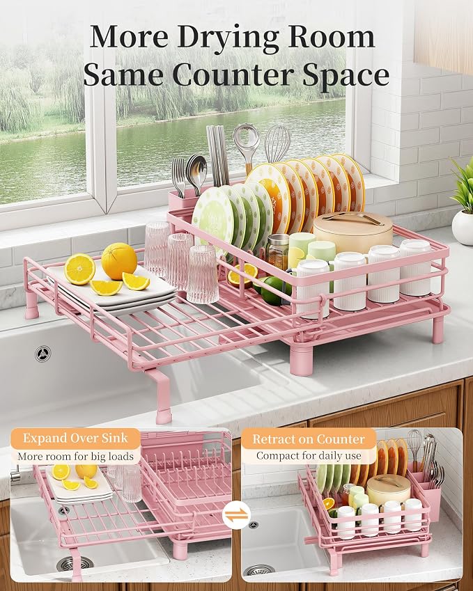 SAYZH Expandable Dish Drying Rack for Kitchen Counter, Metal, Pink | Foldable Over Sink, Large Capacity, Rust-Resistant, Adjustable for Most Sinks, Automatic Drainage, Removable Utensil Holder - Image 3