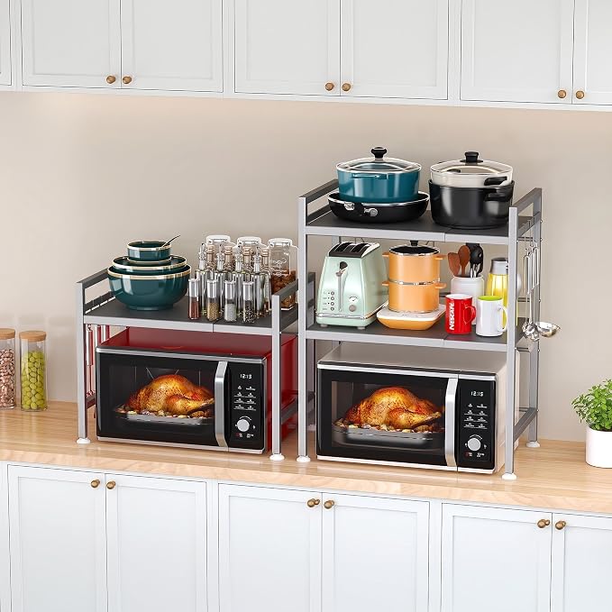 PUSDON Expandable Microwave Oven Rack, 2-Tier Countertop Baker's Rack Style Shelf, Heavy Duty Stand with 3 Hooks, 160lbs Capacity Stainless Steel Appliance Match, Silver Gray - Image 6