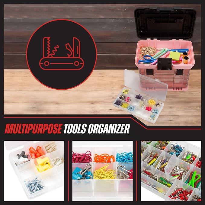 Stalwart Portable Tool Box for Women or Men, Pink, 10 x 7 x 10.5in | Small Parts Organizer with Drawers and Customizable Compartments for Hardware, Fishing Tackle Box, Beads or Crafting Supplies - Image 2