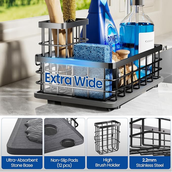Kitchen Sink Organizer, Large Sink Caddy with Sponge Holder & Diatomite Mat | Cleaning Supplies in One Place, Kitchen Countertop Organizer, Home Essentials, Brush Holder, Quick Dry Tray, Fewer Puddles - Image 4