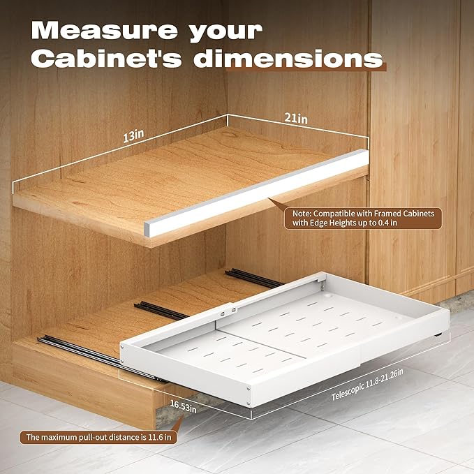 4 Pack Pull Out Cabinet Organizer Expandable, 21" Deep | Pull Out Drawers for Cabinets with Adjustable width from 12.6" to 21" Sliding Drawers for Cabinets with Heightening Pad No Drill for Kitchen - Image 4