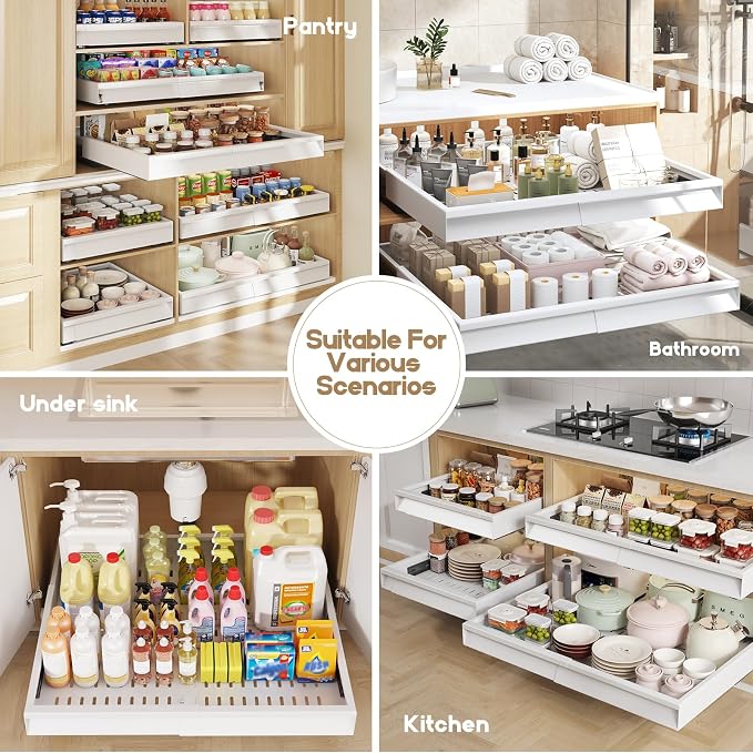 Seinloes Pull Out Cabinet Organizer, 4-Side Expandable to Fit Most Cabinets, 3 Rail Slide Out Drawers with Raising Pad for Framed & Frameless Cabinets, 15"-25" W x 17"-24" D, White, 4 Pack - Image 6