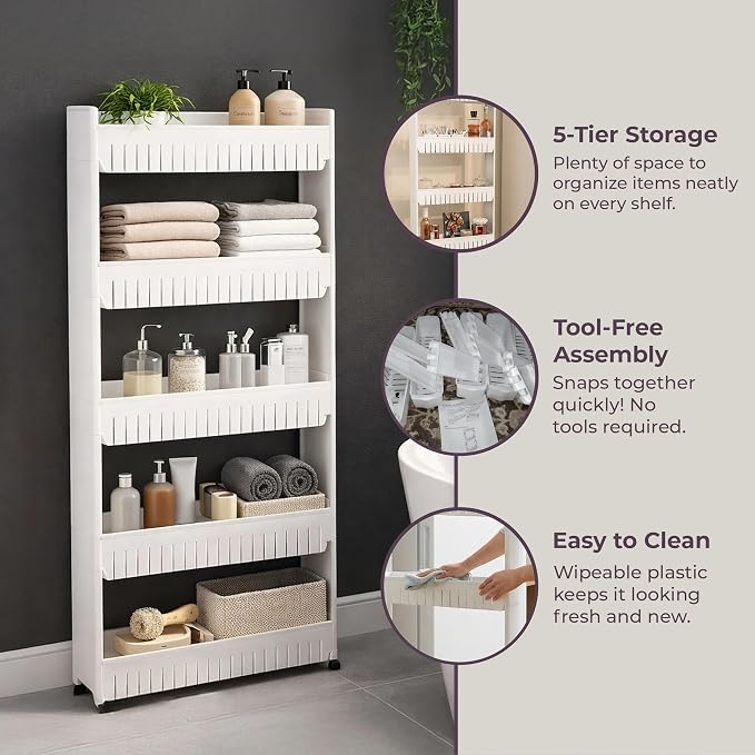 Slim Rolling Storage Cart - 5-Tier Utility Cart with Wheels for Bathroom, Kitchen, and Laundry Room - Bathroom Shelves by Lavish Home (White) - Image 4