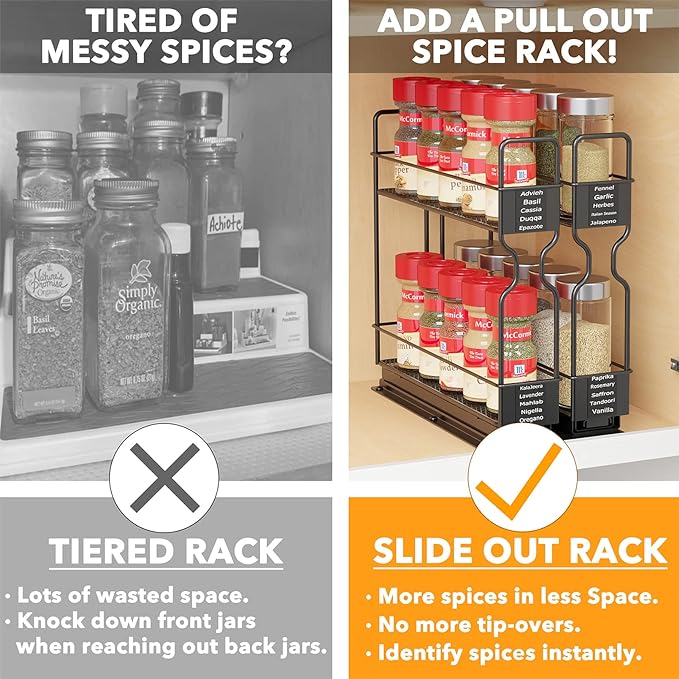 SpaceAid Pull Out Spice Rack Organizer for Cabinet, Heavy Duty Slide Out Seasoning Kitchen Organizer, Cabinet Organizer, with Labels, 5.2" W x10.75 D x10 H, 2 Drawers 2-Tier - Image 4