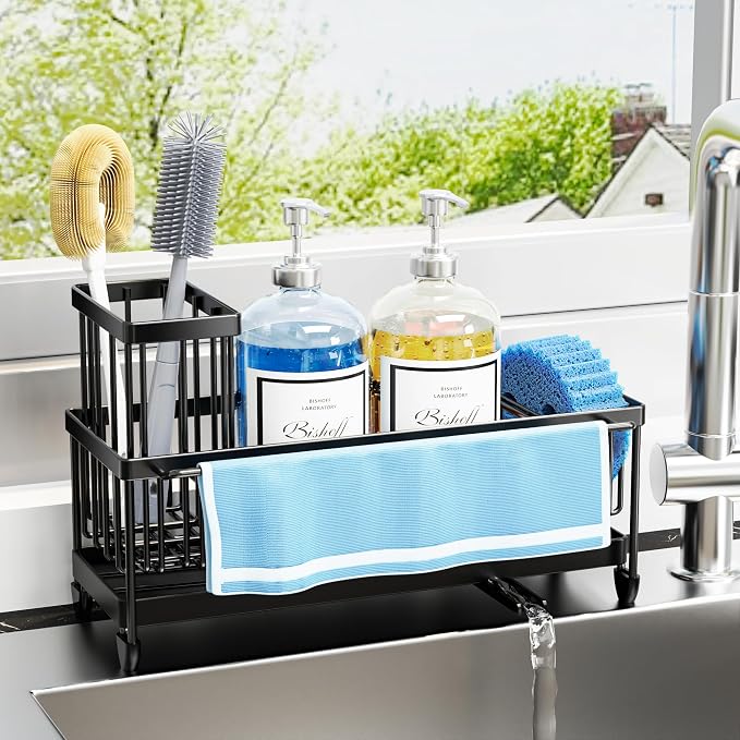Moforoco Larger Version Sponge Holder for Kitchen Sink, Sink Caddy with High Brush Holder, Kitchen Sink Organizer Countertop Rustproof 304 Stainless Steel (Black with Towel Rack) by MOFOROCO