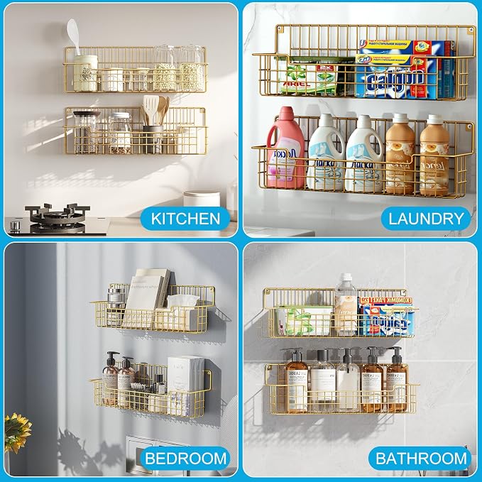 Spice Rack Wall Mount, 4 Pack Spice Organizer, Gold | Wire Spice Rack, Spice Storage Shelf, Space-Saving, For Kitchen Cabinet, Pantry Door, RV - Image 3