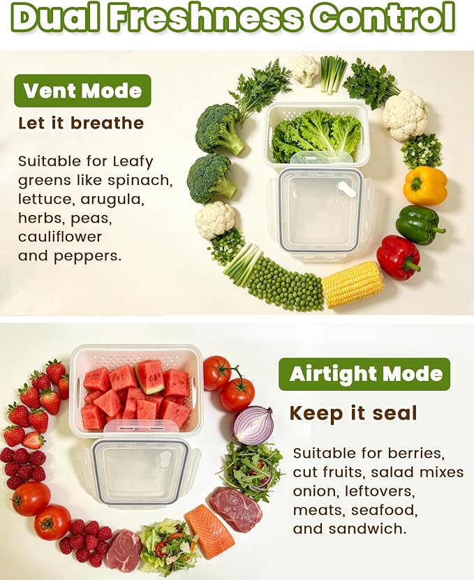 TBMax 8 Pieces Airtight Fruit Storage Containers for Fridge with Air Circulation Vent, 4 Pack Produce Saver with Colander for Berry Lettuce Salad Vegetable Storage, Refrigerator Organizers- Green - Image 2