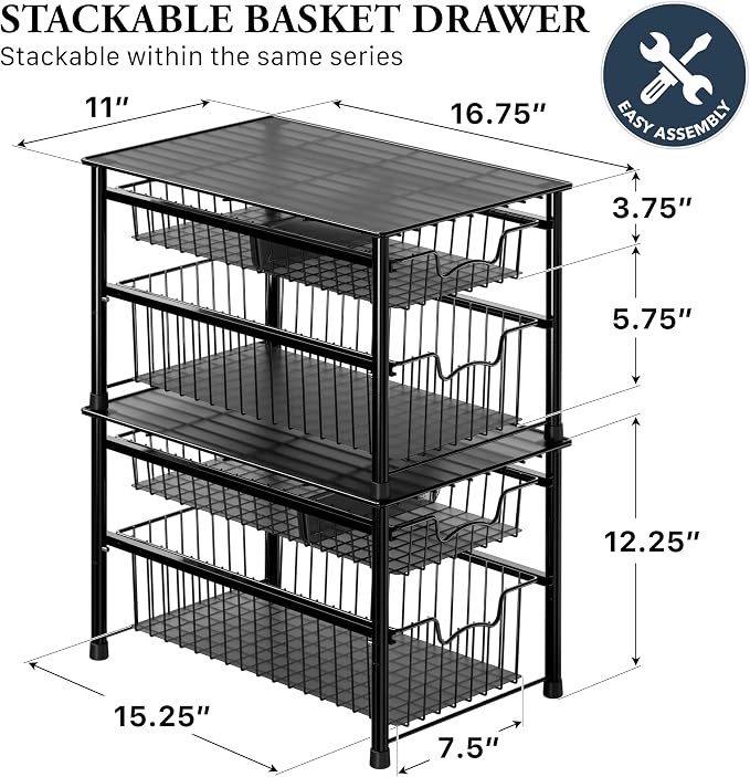 Simple Houseware Stackable Sliding Basket Organizer Drawer, Black, 2-Tier (Pack of 2) - Image 2