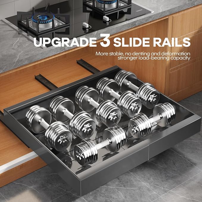 Seinloes 4 Pack Expandable Pull Out Cabinet Organizer 21"Deep With Raising Pad for Framed Cabinets,Upgrade 3 Slide Rails Slide Out Drawers,Roll Out Shelves Adhesive,Adjustable Width 15.15"-26.3" Black - Image 5