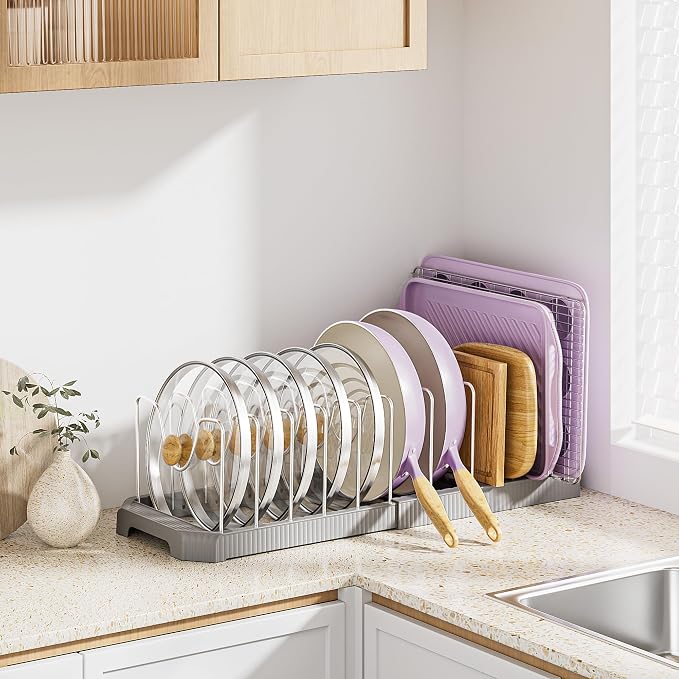 MUDEELA Pots and Pans Organizer under Cabinet, Pan Pot Organizer Inside Cabinet, Expandable 12.9''-21.88'' Pot Lid Organizer Holder with 12 Adjustable Dividers for Cutting Boards, Pan Lid Rack, Grey - Image 4