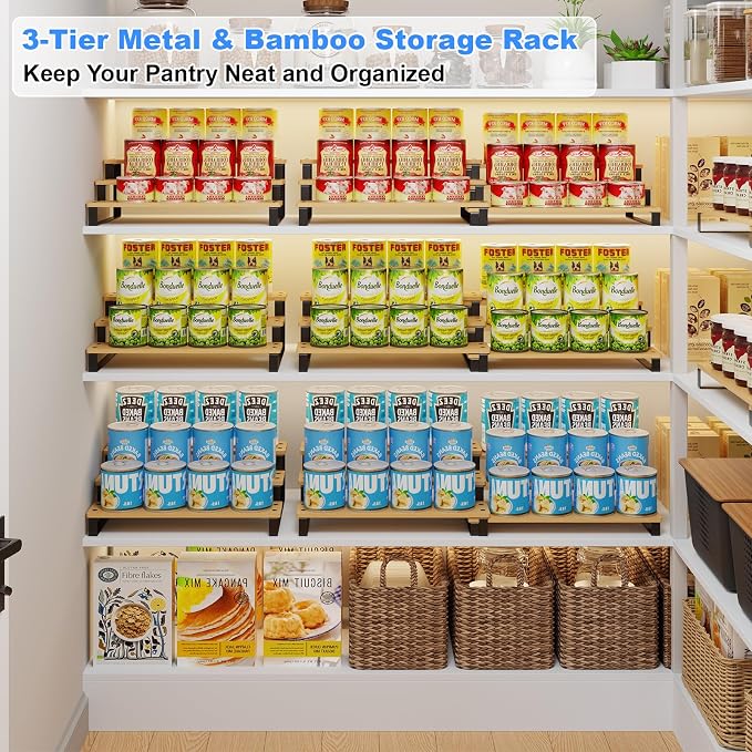 3-Tier Expandable Bamboo & Iron Can Organizer, Holds 30 Cans, Black | Adjustable Pantry Can Storage Rack, Cabinet Food Can Shelf, Easy-Access Holder for Canned Goods, Assembly Required, Black - Image 2