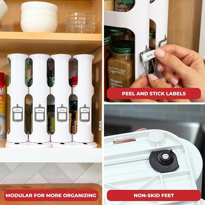 Spice Rack Organizer for Cabinet, Pull & Rotate, 2-Tier | Double-Decker Shelves, 10.8"H x 5.25"W x 10.8"D, Modular Side-By-Side, Non-Skid Feet, Stick-On Labels, Sturdy Build - Image 7