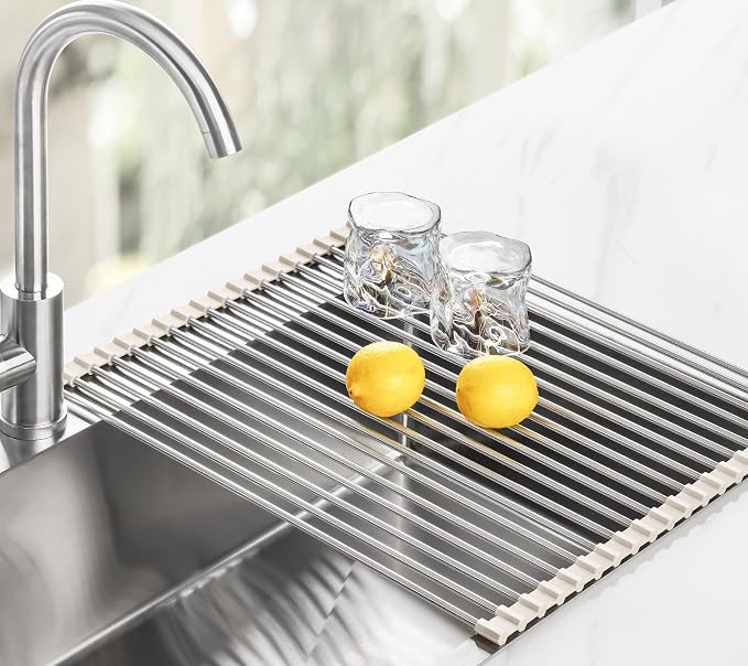 Tomorotec Roll Up Dish Drying Rack Over Sink, 304 Steel, 17.7x15.5, White | Anti-Slip Silicone Rims For Grip, Heat-Resistant Trivet Mat Holding Heavy Cookware, Rustproof Kitchen Counter Space Saver - Image 9