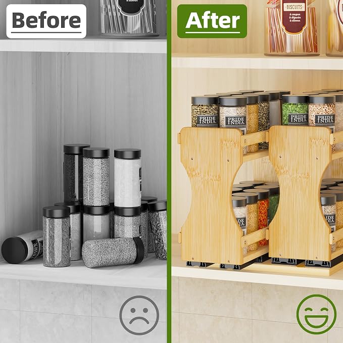 BAMEOS Pull Out Spice Rack Organizer for Cabinet, Bamboo Wide 9" Slide Out Seasoning Organizer for Kitchen, No Drill Anti-Tip Ball Bearing Silent Glides, Pantry Cabinet Organizer, Natural - Image 2