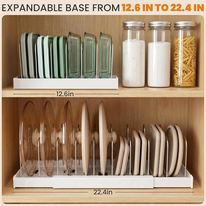 2 Pack Expandable Pot Lid Organizers with 10 Adjustable Dividers | 12.6-22.4 Inch Pots and Pans Organizer Rack Under Cabinet, Countertop, Pan Lids, Bakeware, Food Container Lids, White - Image 3