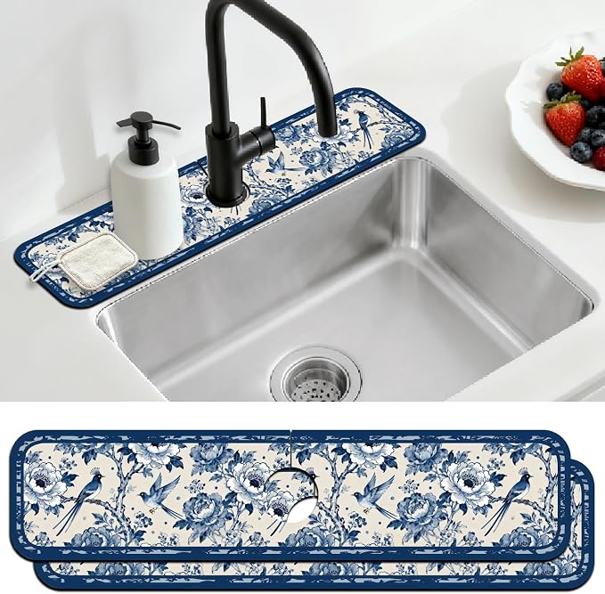 2 Pcs Kitchen Sink Splash Guard Faucet Mat Vintage Porcelain Flowers and Birds Pattern Faucet Mat for Sinks Absorbing Drying Mat for Kitchen Bathroom, 23.6x5.5inch by CONCHLERY%E6%97%97%E8%88%B0%E5%BA%97