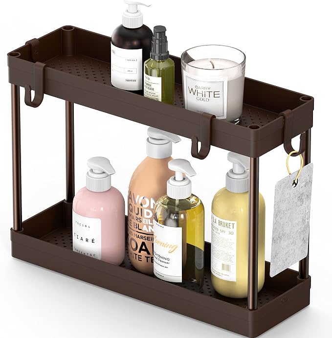 Simple Houseware 2-Tier Under Sink Organizer Storage Tray with Hooks, Brown - Image 2