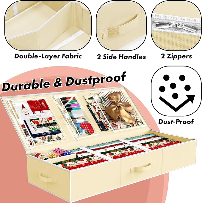 Simple Houseware 41.5" Wrapping Paper Organizer, Fits 40 Rolls, Beige | Adjustable Straps, Interior Divider for Ribbons & Bows, 3 Clear Pockets for Gift Bags & Tools, 41.5"L x 16"W - Image 3