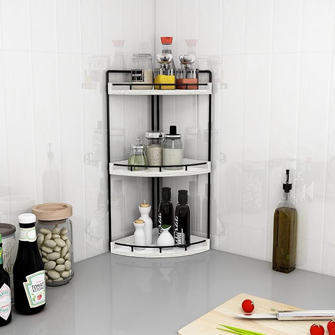 Dorhors Corner Bathroom Organizer Countertop,Vanity Counter Storage Shelf | 3 Tier Rustic White Stand Rack Holder for Kitchen,Dresser,Restroom,Wood Bathroom Sink Tray for Makeup,Perfume,Skincare,Lotion - Image 5