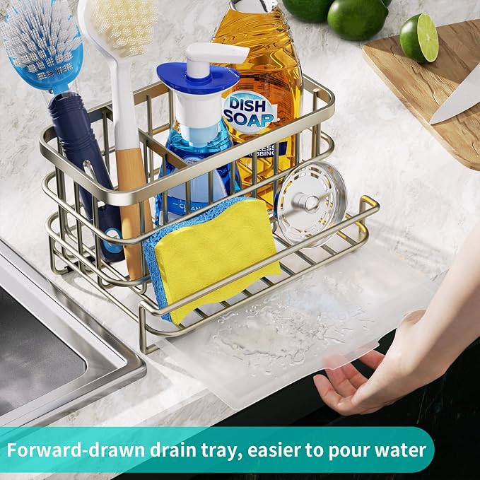 HapiRm Kitchen Sink Caddy Organizer - Versatile Sponge Holder with Drain Tray, SUS304 Stainless Steel Rustproof Kitchen Sink Organizer Storage for Countertop- Brushed Nickel - Image 3