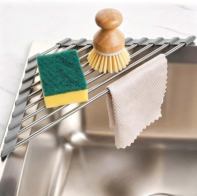 Triangle Roll Up Dish Drying Rack Over Sink-Silicone-Coated Stainless Steel Frame,Anti-Rust,Kitchen Organizer,16"x2.83"x9",Grey by YOBCHYUD