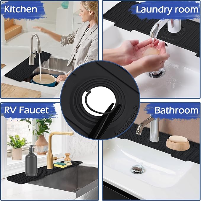Kitchen Sink Splash Guard, 20 inch Silicone Faucet Guard & Draining Mat, 10° Large Slope Sink Faucet Mat Splash Guard, Bathroom Sink Organizer, Kitchen Sink Accessories Gadgets, 20 x 5.5”, Black - Image 7