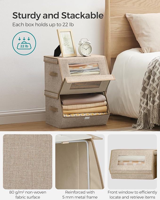 SONGMICS Stackable Storage Bins, Set of 2, with Lids and Front Windows | Closet Organizers, Linen-Look Non-Woven Fabric, Magnetic Closures, Side Handles, Beige, TINA Collection URLB002Y01 - Image 3