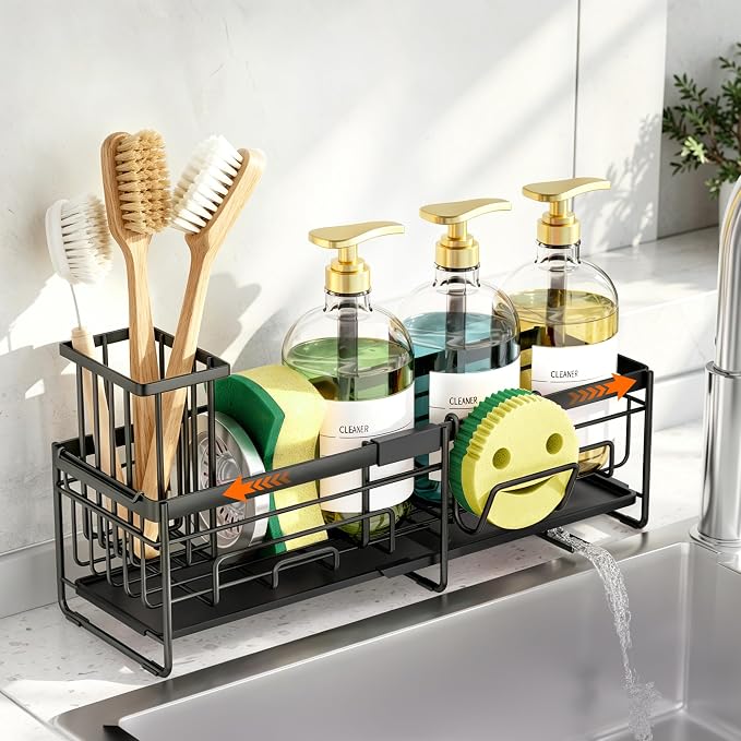 spospo Extendable Sponge Holder for Kitchen Sink Extra Large Sink Caddy | Adjustable Length Sink Caddy Organizer with High Brush Holder, Self-Draining Countertop Organizer by SPOSPO