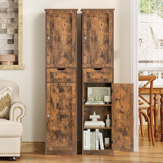 Iwell 67" Tall Storage Cabinet, Bathroom Cabinet with Drawer & Adjustable Shelves, Narrow Storage Cabinet, Floor Cabinet for Living Room, Home Office, Rustic Brown - Image 2