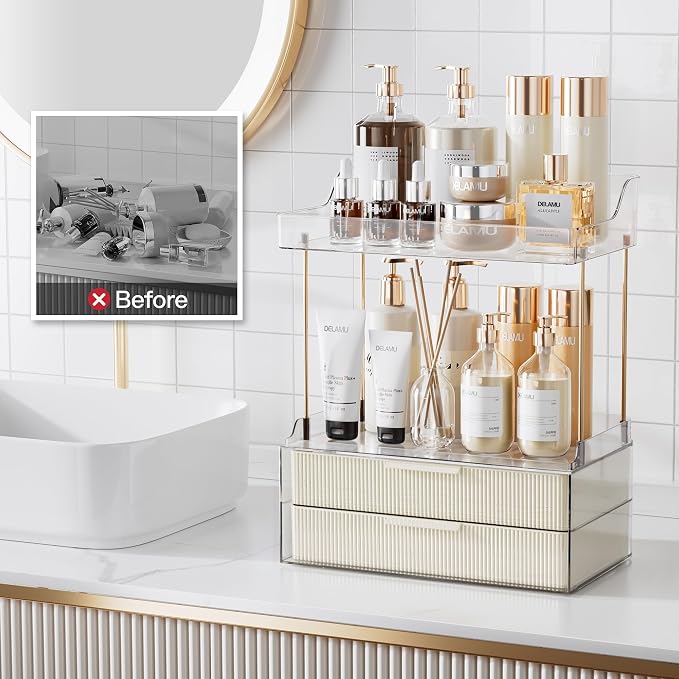 Delamu 4-Tier Makeup Organizer, Bathroom Counter, 2 Drawers,Cream White | Elegant Vanity Organizer Gift for Women, Holds Perfume, Skincare, Nail Polish & Hair Accessories for Bathroom Countertop - Image 7
