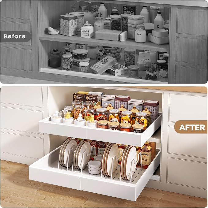 Seinloes 6 Pack Pull out Cabinet Organizer 21"Deep with Raising Pad for Framed Cabinets, Expandable Slide out Drawers for Kitchen Cabinets with 6pcs Divider Racks, Roll out Shelves 12.1"-20.4" W White - Image 6